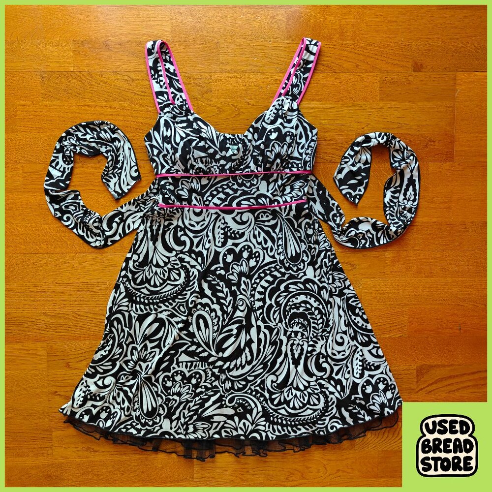 Vintage Y2K Speechless Floral Paisley Sundress Tulle Slip Tie White Black Pink M
